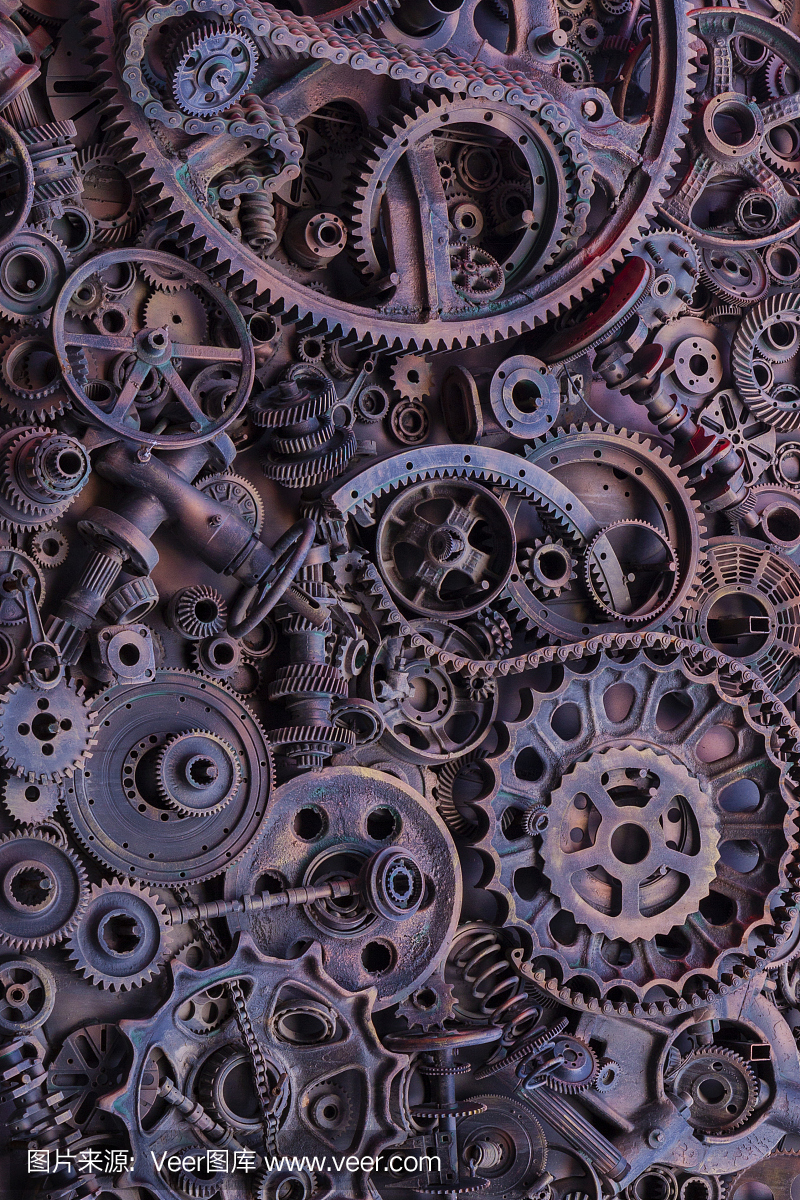 蒸汽朋克背景,機器零件,大齒輪和鏈條的機器和拖拉機。陳舊生銹的機器和機械部件。彈簧、軸承、活塞、曲軸、凸輪軸。